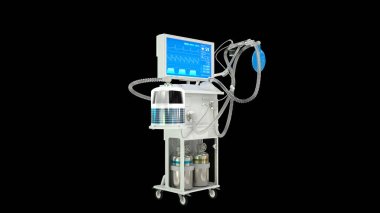 medical 3d illustration, ICU covid ventilator 3d renders isolated on black clipart