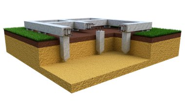 İskele ve kiriş temeli. izole edilmiş cgi endüstriyel 3D illüstrasyon