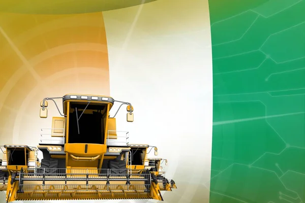 Farm machinery modernisation concept, yellow modern farm combine harvesters on Cote d Ivoire flag - digital industrial 3D illustration