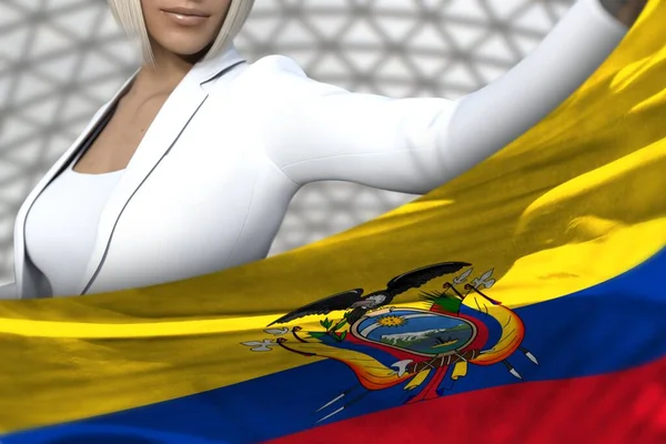 Güzel Bir Kadını Modern Mimari Arka Planda Önünde Ekvador Bayrağı — Stok fotoğraf
