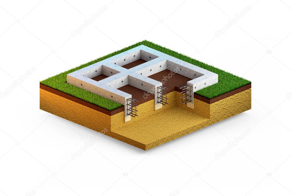 poured reinforced concrete wall foundation. isolated cg industrial 3D illustration