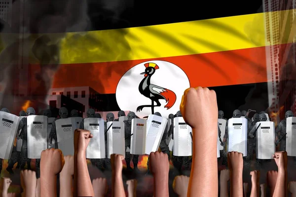 Protesto Uganda Esquadrão Polícia Contra Multidão Furiosa Fundo Bandeira Conceito — Fotografia de Stock