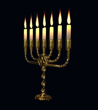 goldish ornamental menorah shining isolated, digital object 3D illustration