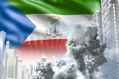 big smoke column in the modern city - concept of industrial accident or terroristic act on Equatorial Guinea flag background, industrial 3D illustration