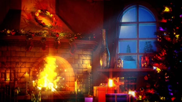 Árbol Navidad Chimenea Con Iluminación Fuego Renderizado Objetos — Foto de Stock