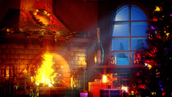 Christmas Tree Fireplace Fire Lighting Object Rendering — Φωτογραφία Αρχείου