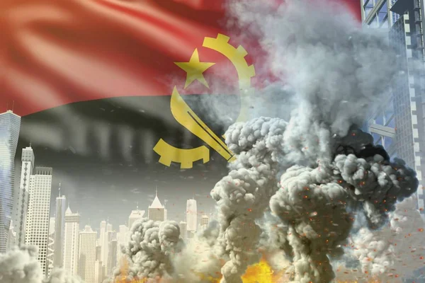 现代城市失火的大型烟柱 安哥拉国旗背景下的工业事故或恐怖行为概念 工业三维图解 — 图库照片