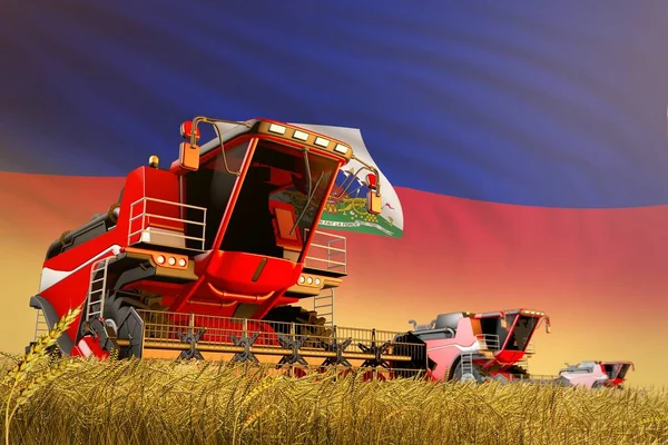 農業の産業3Dイラストは 農業分野で働く収穫者とハイチの国旗の背景 食糧生産の概念を組み合わせています — ストック写真