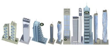 10 kuş bakışı hayali tasarımın detaylı görüntüsü bulutlu gökyüzü yansımalı modern evler - izole edilmiş, 3 boyutlu gökdelenler.