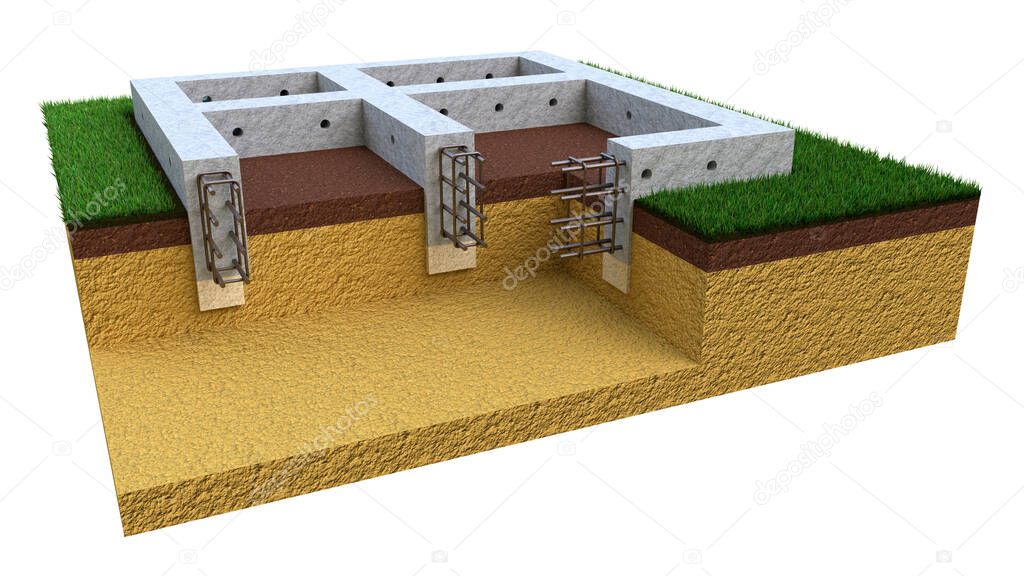 poured reinforced concrete wall base - isolated cg industrial 3D rendering