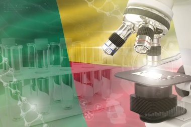 Benin bilim gelişimi dijital arka plan - bayrakta mikroskop. Tıp tasarımı konsepti araştırması, nesnenin 3 boyutlu illüstrasyonu