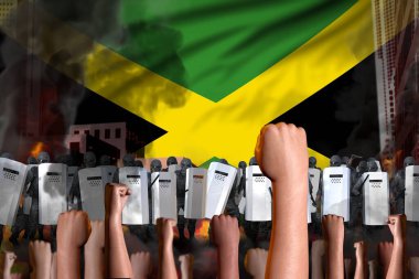 isyan durdurma konsepti - Jamaika 'da bayrak arka planında protesto, polis özel kuvvetleri göstericilerin kalabalığına karşı duruyor - askeri 3D İllüstrasyon