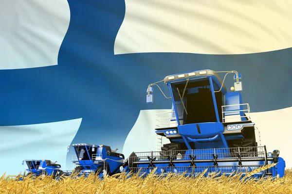 Industrial Illustration Blue Grain Agricultural Combine Harvester Field Finland Flag — Foto Stock