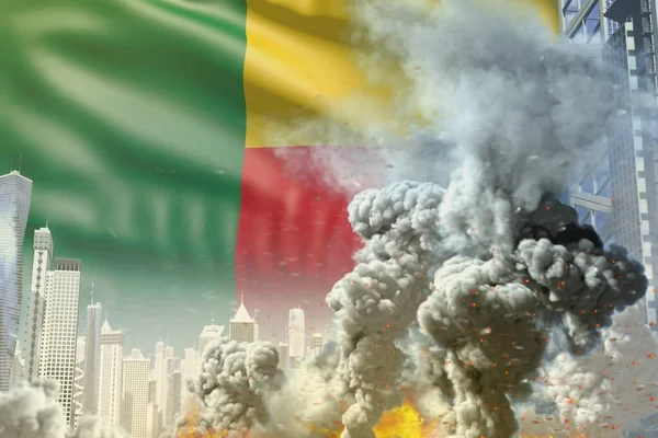 large smoke column with fire in the modern city - concept of industrial explosion or terroristic act on Benin flag background, industrial 3D illustration