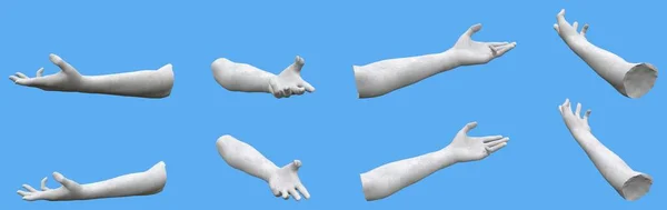 8 white concrete statue hand realistic renders isolated on blue, lights and shadows distribution example for artists or painters - 3d illustration of objects