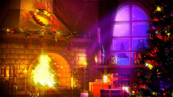 Xmas Tree Fireplace Fire Lighting Cgi Object Illustration — Stock Photo, Image