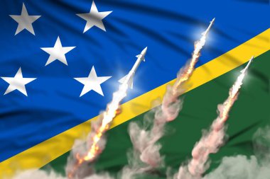 Solomon Adaları balistik füze fırlatma - bayrak kumaşı arka planında modern stratejik nükleer silah kavramı, askeri endüstriyel 3D bayraklı illüstrasyon