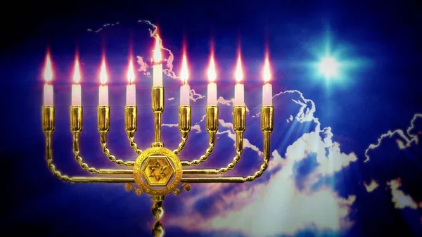 Ouro Bonito Hanukkiah Flamejante Renderização Objeto — Fotografia de Stock