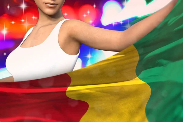 Hübsche Frau Hält Guinea Fahne Auf Der Party Lichter Vor — Stockfoto