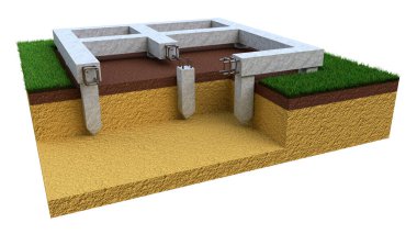 iskele ve kiriş temeli, izole edilmiş endüstriyel 3D illüstrasyon