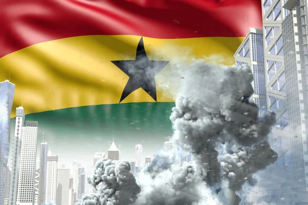 big smoke column in the modern city - concept of industrial accident or terrorist act on Ghana flag background, industrial 3D illustration