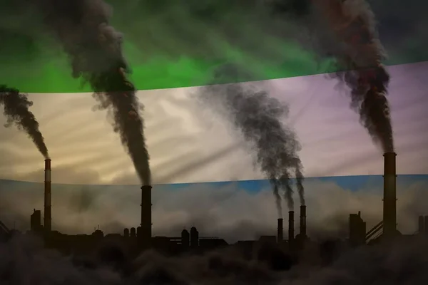 Ipari Kémények Erős Füstje Sierra Leone Zászlón Globális Felmelegedési Koncepció — Stock Fotó