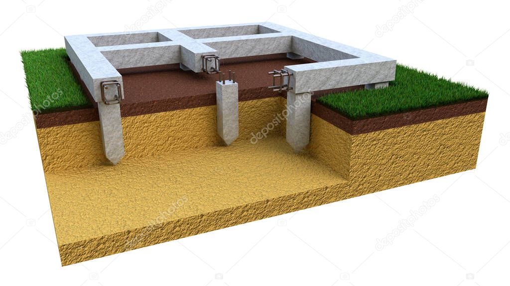 pier and beam foundation, isolated industrial 3D illustration