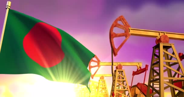 Bandera Bangladesh Sobre Fondo Pozos Petroleros — Vídeo de stock