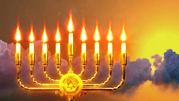 Trevlig Gyllene Hanukkiah Flammande Digitalt Objekt Rendering — Stockfoto