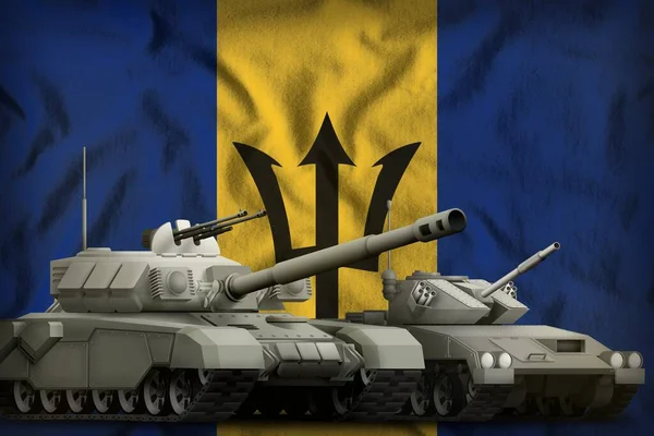 在巴巴多斯国旗背景上的坦克 巴巴多斯坦克部队的概念 3D说明 — 图库照片