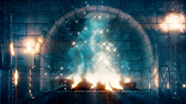 Magiczny Kamienny Kominek Płomienie Świecące Koncepcja Obiektu Renderowania — Zdjęcie stockowe