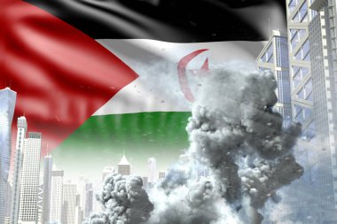 Modern şehirdeki büyük duman sütunu - Batı Sahra bayrağının arka planında endüstriyel patlama ya da terör eylemi kavramı, endüstriyel 3D illüstrasyon