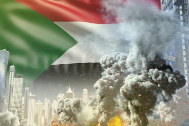 Büyük duman sütunu modern şehirde yangın - endüstriyel patlama kavramı veya Sudan bayrağı arka planında terör eylemi, endüstriyel 3D illüstrasyon