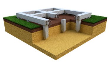 iskele ve kiriş vakfı, tecrit edilmiş cgi endüstriyel üç boyutlu illüstrasyon