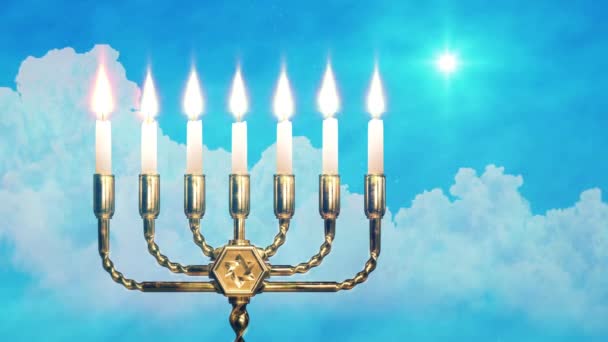 Glödande Menorah Lampa Moln Bakgrund Med Stjärnan Betlehem — Stockvideo