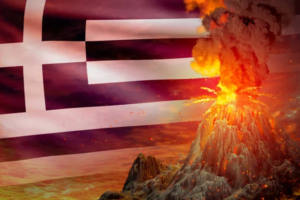 Извержение Конического Вулкана Ночью Взрывом Фоне Греческого Флага Страдает Катастрофы — стоковое фото