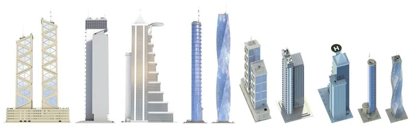 架空のデザインと青い曇り空の反射を備えた非常に詳細な現代的な高層ビルのセット 分離された 様々な側面ビュー建築の3Dイラスト — ストック写真