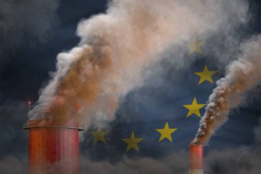 heavy smoke of plant pipes on European Union flag - global warming concept, background with place for your text - industrial 3D illustration