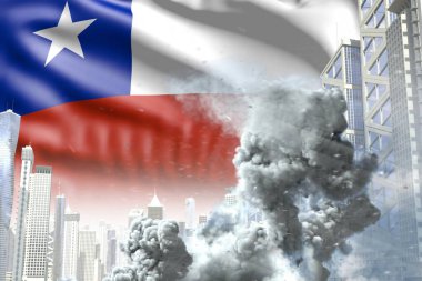 large smoke column in abstract city - concept of industrial accident or terrorist act on Chile flag background, industrial 3D illustration