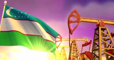 Uzbekistan flag on background of oil wells