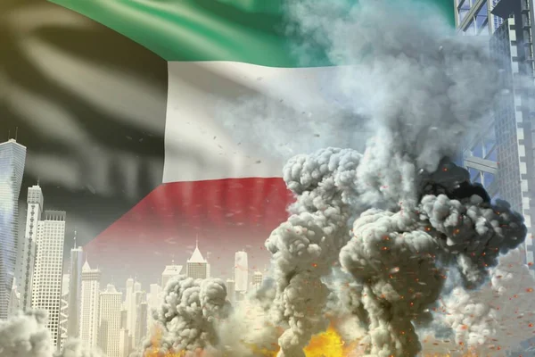 huge smoke pillar with fire in the modern city - concept of industrial explosion or terroristic act on Kuwait flag background, industrial 3D illustration