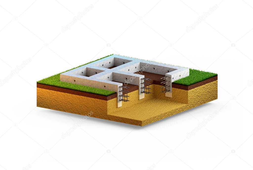 poured reinforced cement wall foundation. isolated industrial 3D rendering