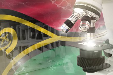 Vanuatu bayrağında mikroskop - Bilimsel gelişim dijital arka planı. Mikrobiyoloji tasarım konsepti araştırması, nesnenin 3 boyutlu çizimi