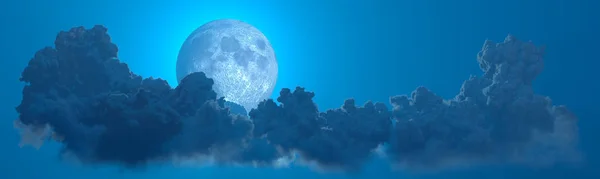Panorama Nocnych Chmur Cumulus Księżycem Cyfrowa Natura Renderowanie — Zdjęcie stockowe