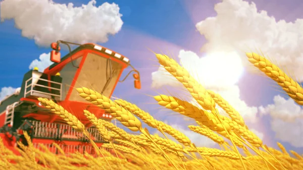 Єднати Комбайн Пшеничному Полі Сонячний День Вигаданий Цифровий Промисловий Рендеринг — стокове фото