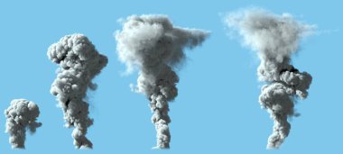 4 adet katı gri duman sütunu volkan ya da büyük endüstriyel patlamadan - felaket konsepti, nesnelerin 3 boyutlu çizimi
