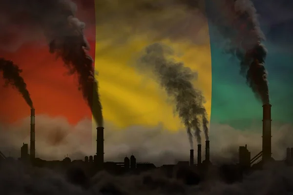 Heavy Smoke Industrial Chimneys Guinea Flag Global Warming Concept Background — Stock Photo, Image