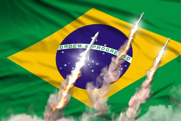 ブラジル超音速弾頭発射 旗生地の背景に近代的な戦略核ロケット兵器の概念 旗と軍事産業の3Dイラスト — ストック写真