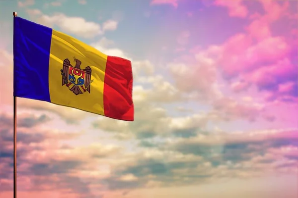 Fladderende Moldavië Vlag Mockup Met Plaats Voor Tekst Kleurrijke Bewolkte — Stockfoto