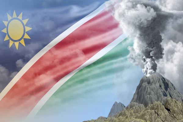 Erupção Vulcânica Alta Dia Com Fumaça Branca Fundo Bandeira Namíbia — Fotografia de Stock